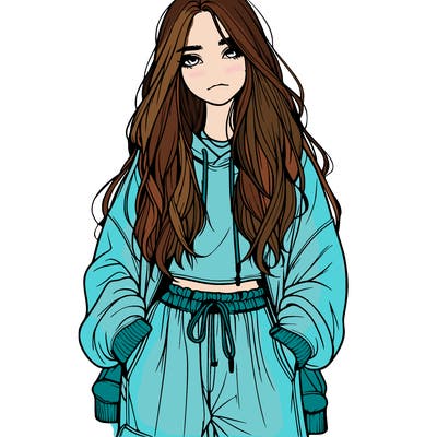realistic girl with long hair and baggy clothing