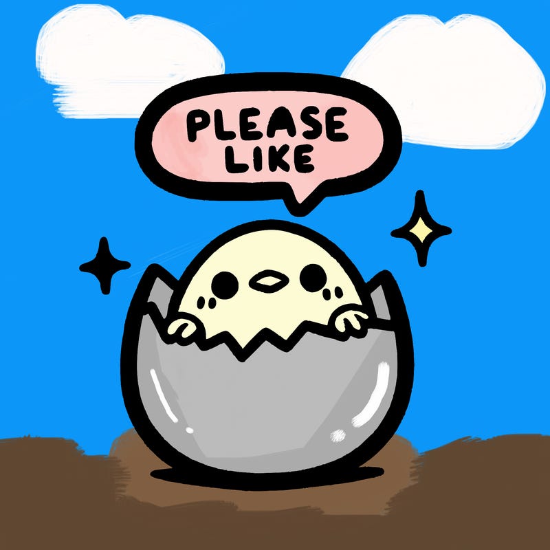 a tiny egg with a tiny bird looking out the top wich is cracked and the bird is saying please like