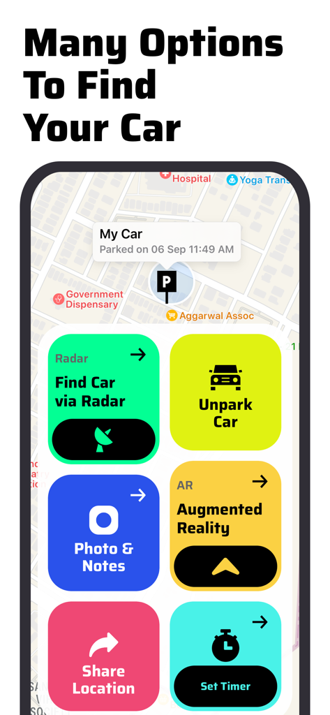 A screenshot of the Find My Car app menu featuring options for Radar Augmented Reality Share Location and Parking Timer