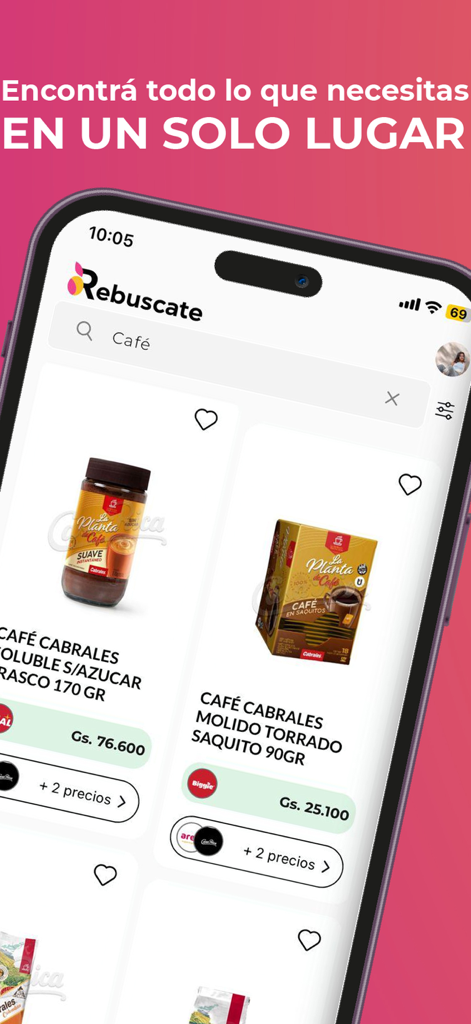 Rebuscate - Rebuscate app interface showing coffee price comparison between different supermarkets