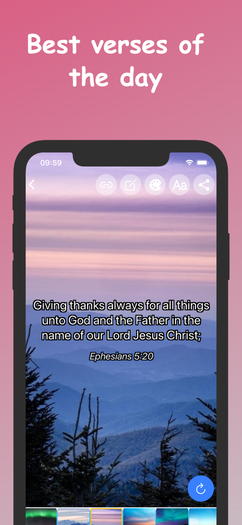 Un versículo bíblico de Efesios mostrado sobre un fondo de atardecer escénico en una montaña en la aplicación Biblia para Mujeres