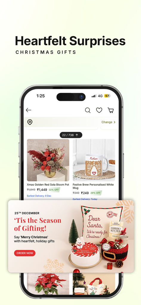 FNP app interface showing Christmas gift ideas like holiday flowers and personalized mugs.