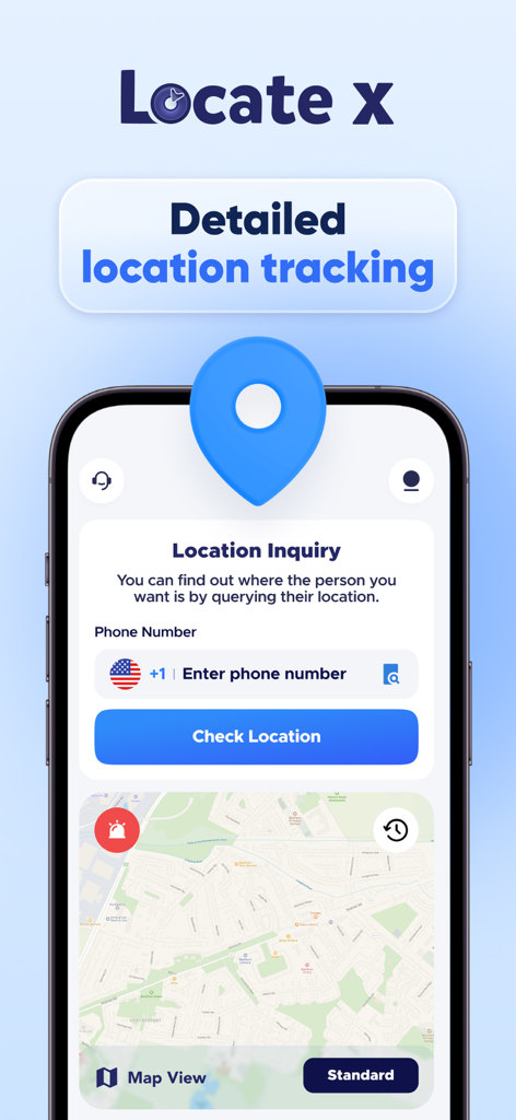 Locate X - Find Location - Pantalla de la aplicación Locate X para rastrear la ubicación por número de teléfono
