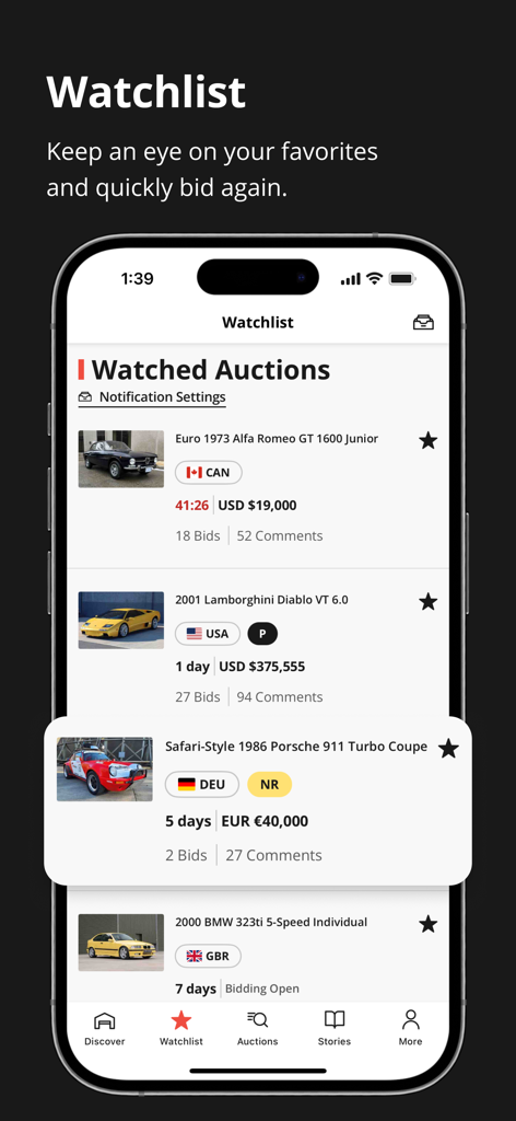 Bring a Trailer Auctions - Schermata dello smartphone che mostra la watchlist dell'app Bring a Trailer con aste di auto d'epoca come Porsche e Lamborghini
