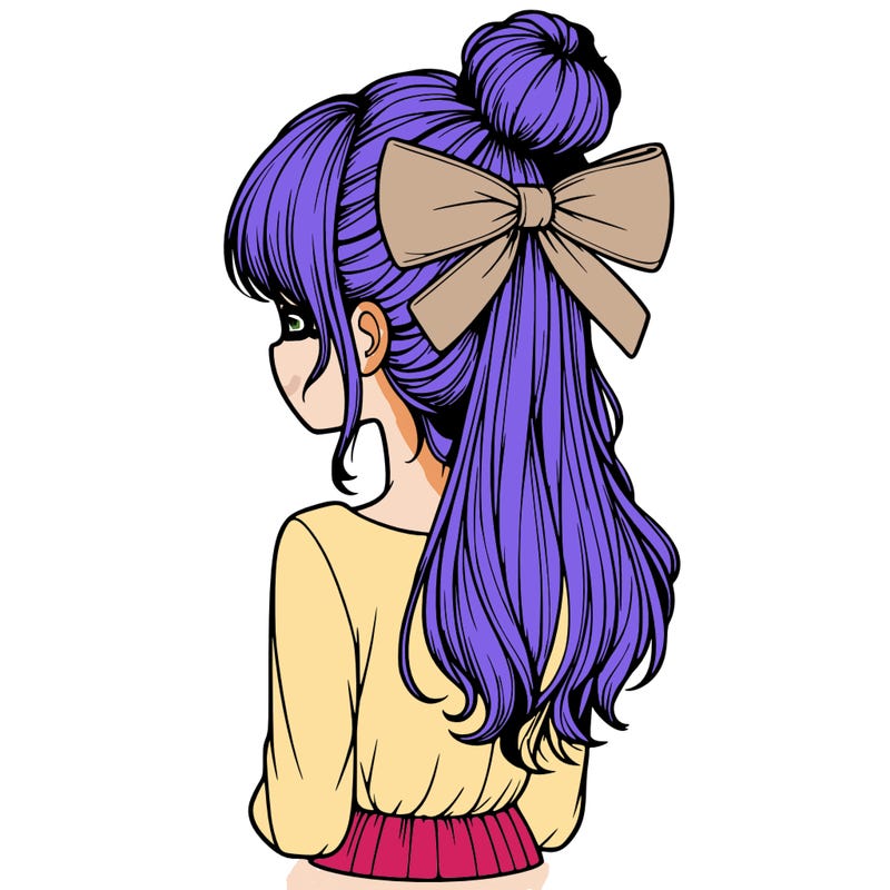 realistic girl  with hip length hair a bun and a big bow on the back of head
