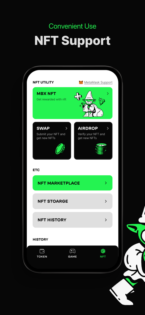 MARBLEX Wallet - A mobile phone displaying the MARBLEX Wallet NFT utility page with options for MBX NFT swap airdrop and marketplace.