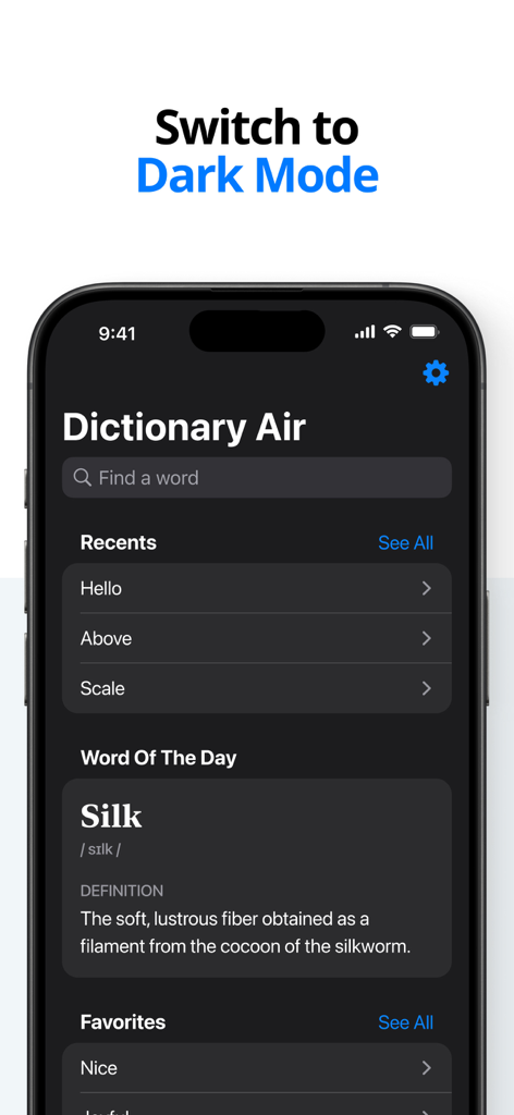 Interfaz de la aplicación Dictionary Air en modo oscuro mostrando la palabra del día y búsquedas recientes en un iPhone
