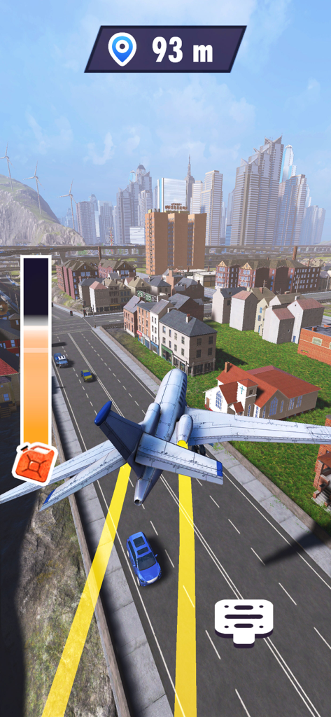 A white airplane flying low over a city street toward skyscrapers in a simulation game.