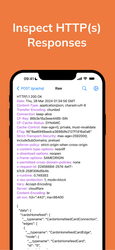 Proxyman - Capture HTTPS - iPhone 화면에 Proxyman 앱 내 HTTP 응답 헤더 및 GraphQL JSON 데이터 표시
