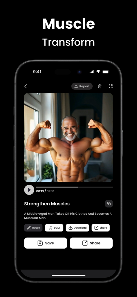 App screen showing AI muscle transformation video effect