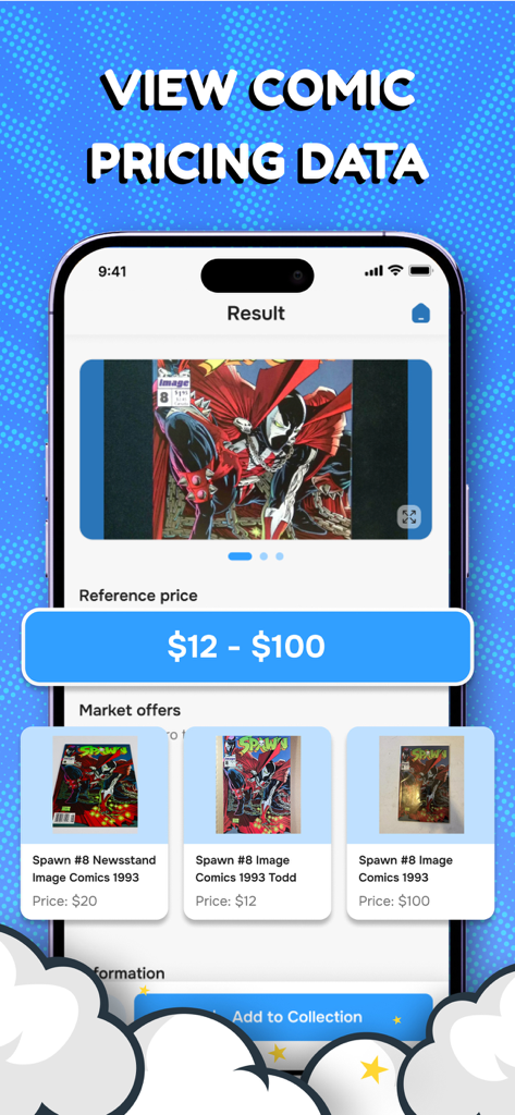 Comic Book Scanner Value - Mobile app screen displaying real-time market value and pricing data for a scanned comic book