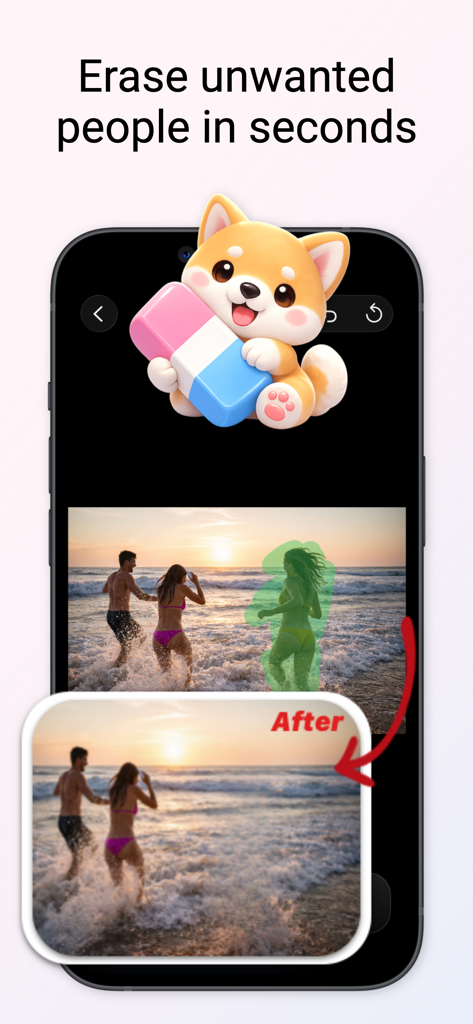 Object Removal: AI Smart Erase - Object Removal AI Smart Erase 앱의 스크린샷으로 해변 석양 사진에서 사람을 제거하는 방법을 보여줍니다