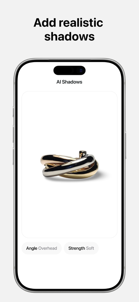Interfaz de la aplicación Pixelcut mostrando cómo agregar sombras realistas con IA a una foto de producto de un anillo.
