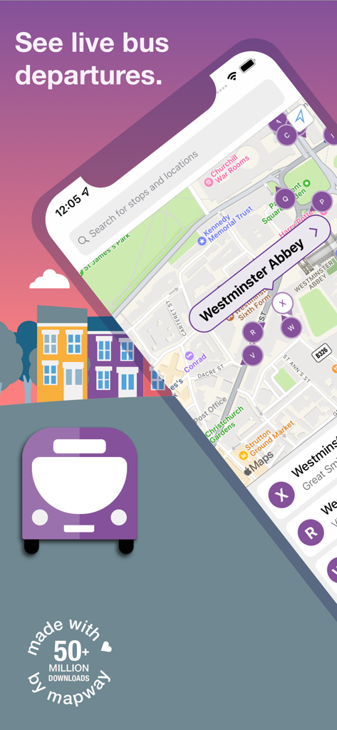 Bus Times UK Live checker app - Captura de pantalla de la aplicación Bus Times UK que muestra las salidas de autobuses en vivo en un mapa interactivo cerca de la Abadía de Westminster