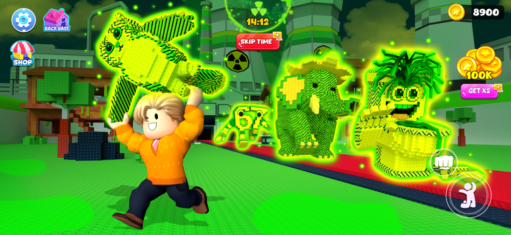 Get All Brainzot: Full Mod - Um personagem carregando uma criatura verde brilhante em um mundo 3D blocoso cheio de monstros inspirados em memes