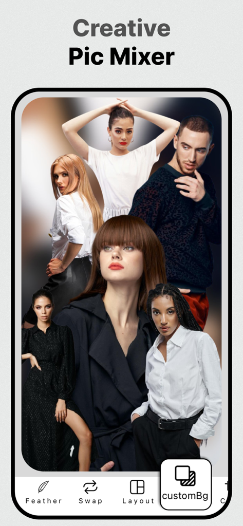 Creative photo collage of multiple people edited using the Photo Blend app interface