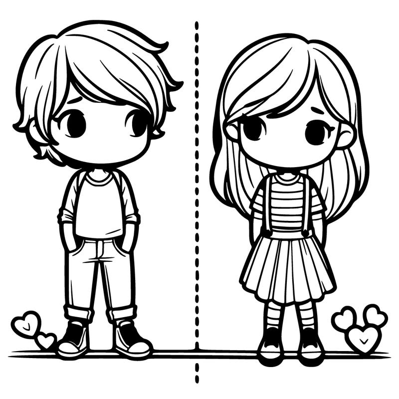 boy and girl in love standing of opposite sides of a line down the middle
