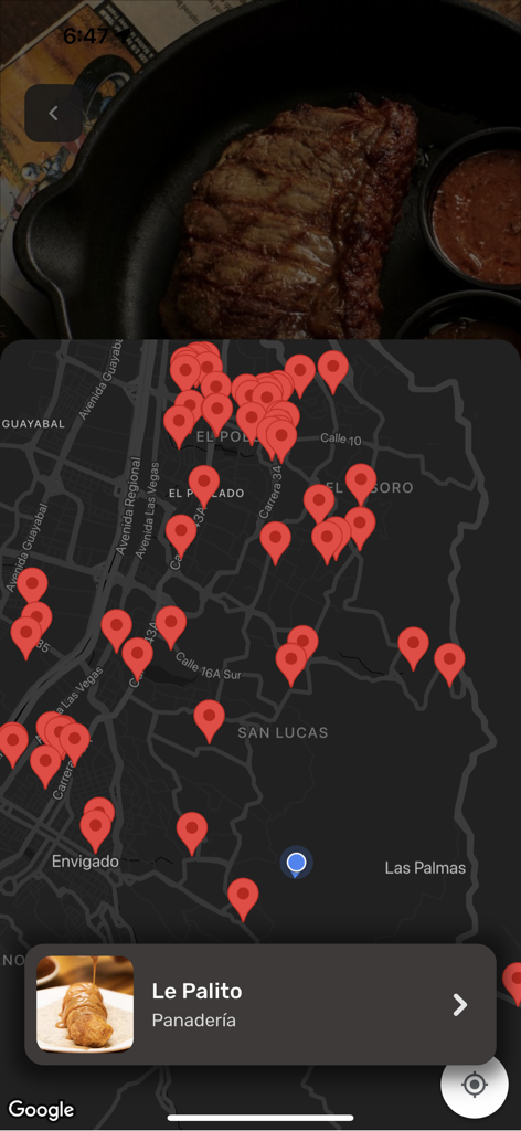 Tulio - Tulio app interface showing a dark map with red location pins for restaurant recommendations and a preview of a bakery called Le Palito.