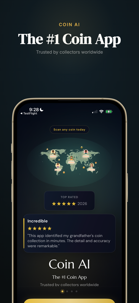 Coin AI - Identifier & Value - Captura de pantalla de la aplicación Coin AI que muestra las mejores calificaciones y las reseñas positivas de los coleccionistas en un fondo oscuro