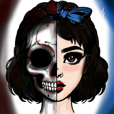 realistic girl with half skull mask