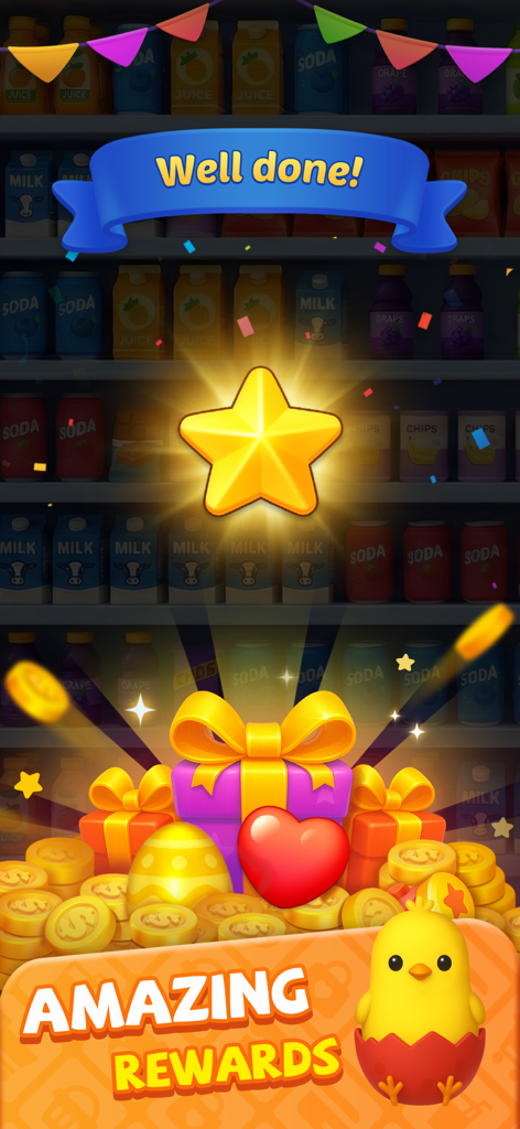Goods Rush 3D Sort Puzzle level completion screen with gold star and gift rewards