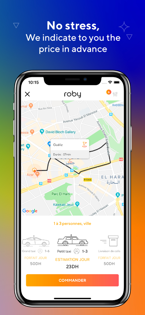 Interfaccia dell'app roby taxi che mostra una mappa di Marrakech e una stima del prezzo anticipato per un taxi piccolo
