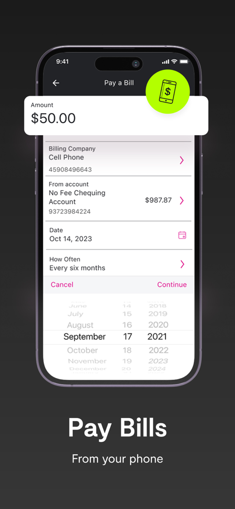 Simplii Financial - Simplii Financial Mobile App-Bildschirm mit der Funktion Rechnungen bezahlen und einer geplanten Handyzahlung