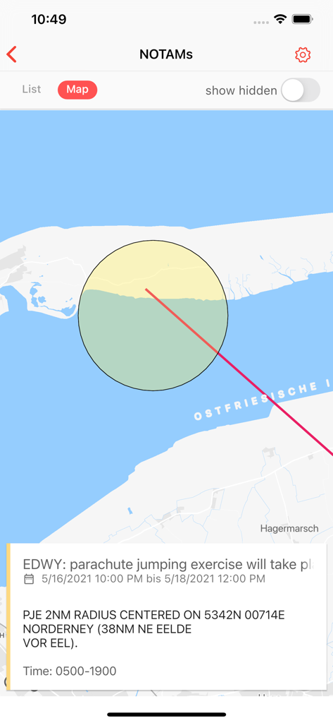 Vue cartographique dans l'application NOTAM Briefing montrant une zone d'exercices de parachutisme circulaire et les détails de l'événement
