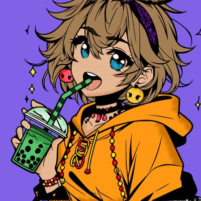 hot baddie anime girl drinking boba and biting the straw