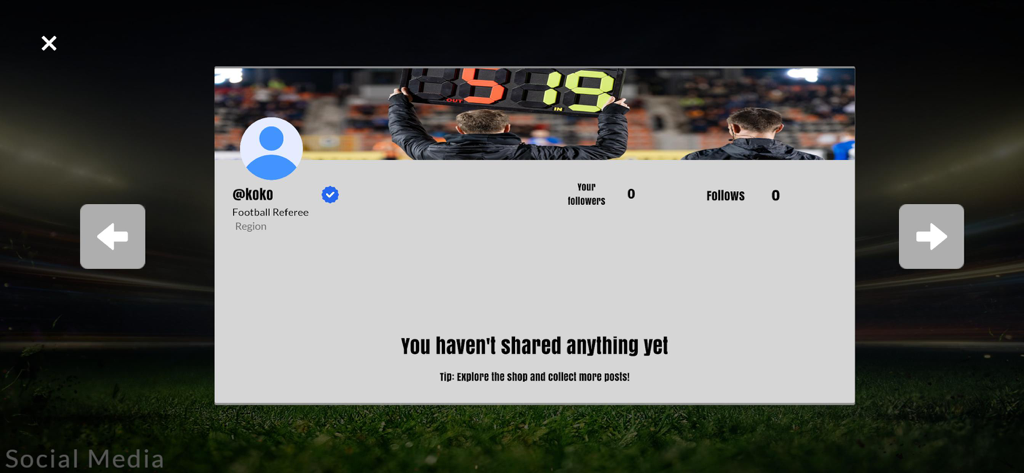 Ref Career : Soccer Simulator - La pantalla del perfil de redes sociales dentro del juego para un árbitro de fútbol que muestra estadísticas de seguidores y un feed de publicaciones vacío.