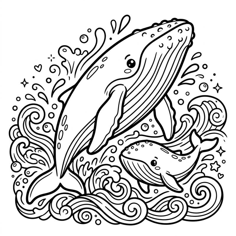 Discover the charm of the ocean with this Kawaii Humpback Whales coloring page. Featuring a mama whale and her calf in a delightful, playful scene, ready for your creative touch.