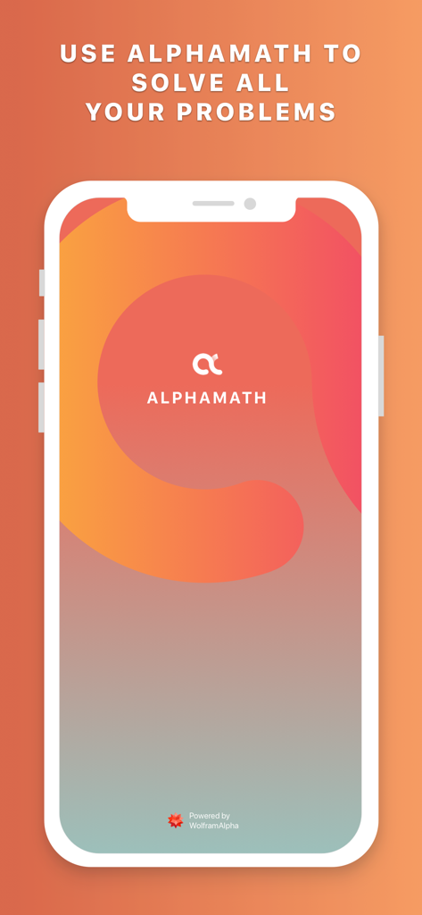 Smartphone displaying the Alphamath app splash screen with text to solve all math problems