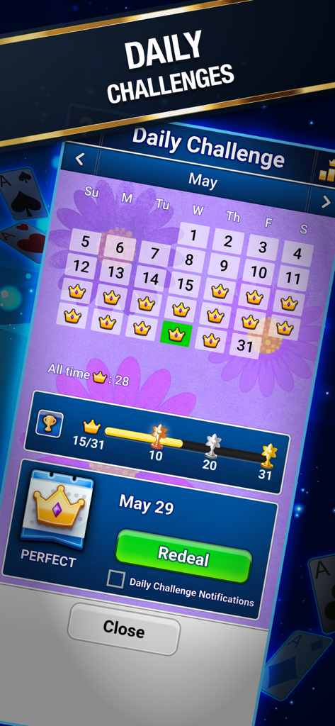 Daily Challenges calendar screen showing monthly goal progress and crown rewards in Addiction Solitaire