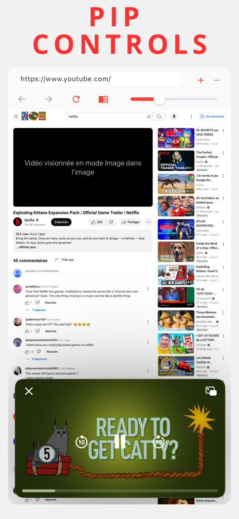 Pip Video Player - Interface Pip Video Player affichant les commandes du mode Picture in Picture sur l'écran d'un smartphone.