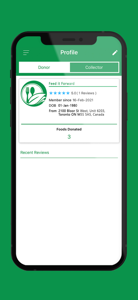 Interface do perfil do usuário do aplicativo Feed It Forward mostrando estatísticas do doador e contagem de doações.