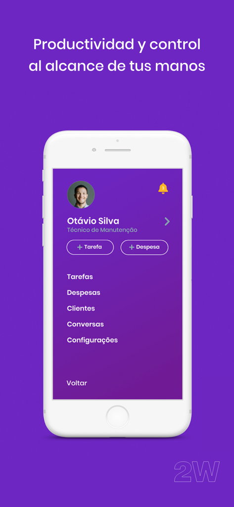 Interfaz de la aplicación móvil 2Workers que muestra el perfil de un técnico de mantenimiento con herramientas de gestión de tareas y gastos