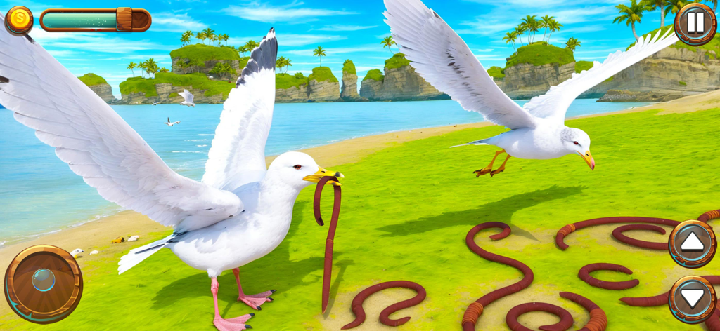 Seagull Bird Life Simulator - A seagull catching a large worm on a tropical beach in a simulation game.