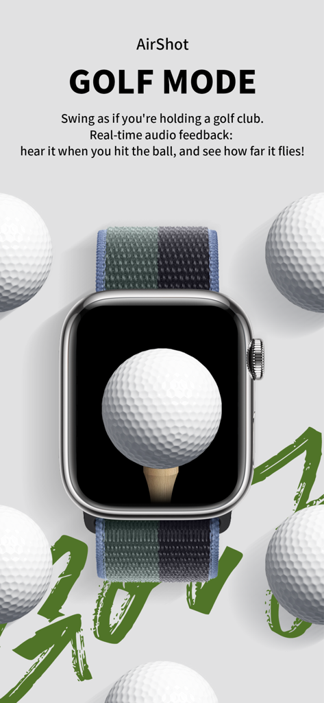 AirShot app golf mode on Apple Watch featuring a virtual golf ball on a tee