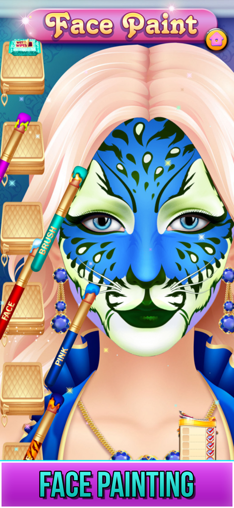 A character with blue tiger face paint being styled with makeup brushes in a makeover game
