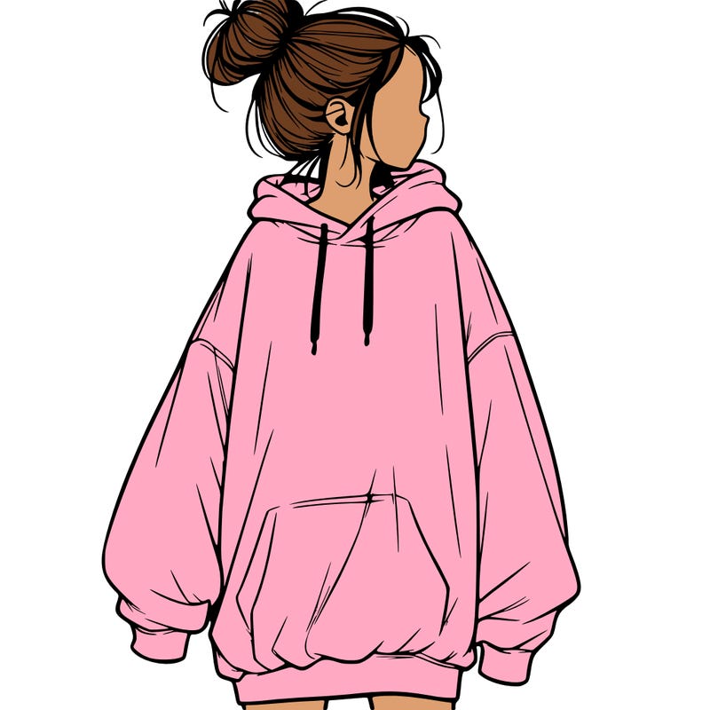 realistic girl with a oversized sweatshirt on and a bun