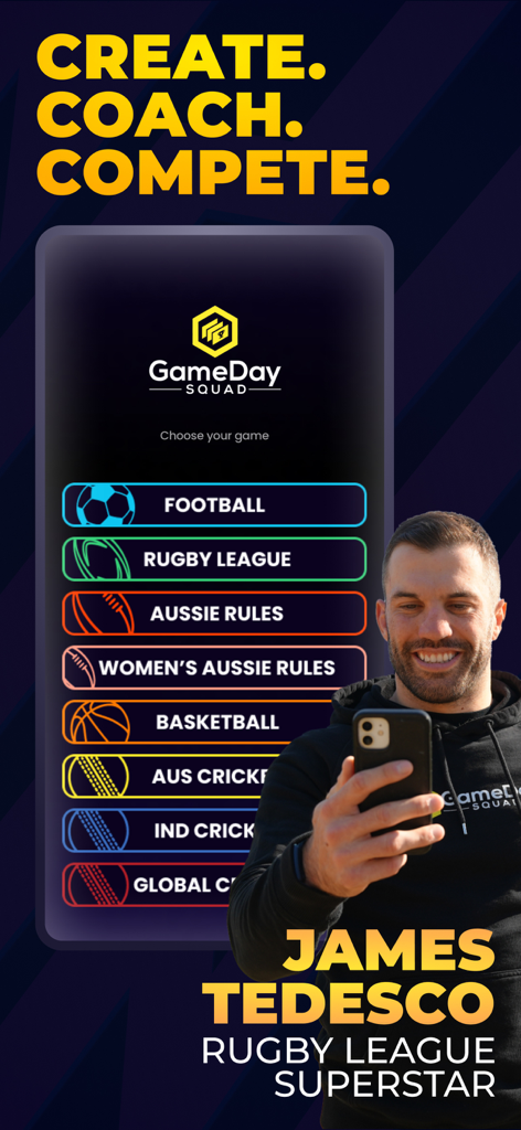 Game Day Squad fantasy sports app interface with various sports and athlete James Tedesco