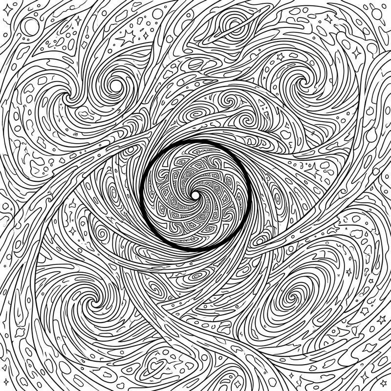 Explore the mysteries of the universe with this captivating Gravitational Singularity coloring page. Its intricate design features swirling cosmic patterns, stars, and warped spacetime, offering a truly immersive coloring experience.