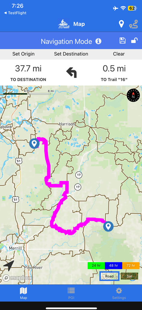 Groomer Tracking Systems - GTS Trails app screenshot showing navigation mode with a purple route on a topographic map and distance to destination.