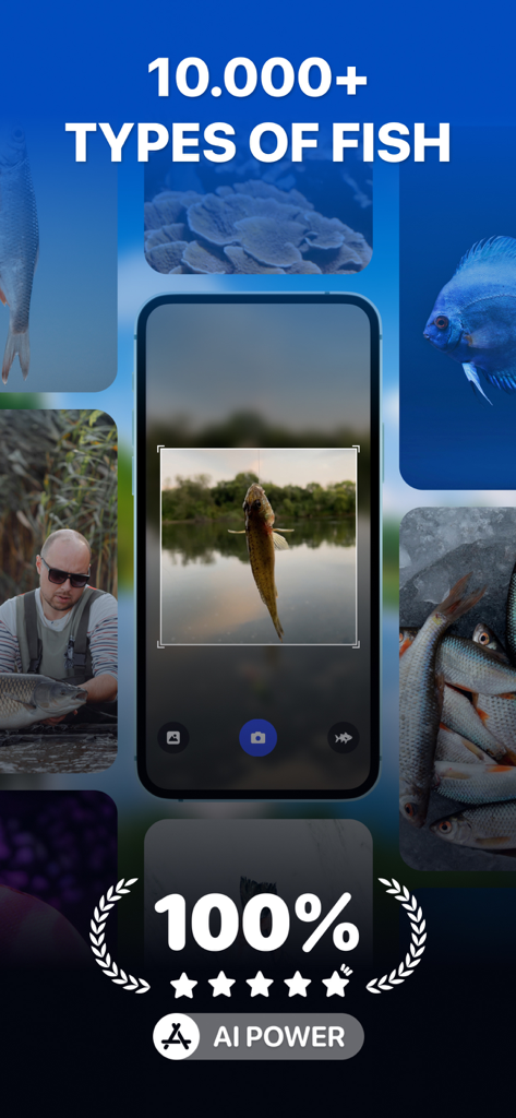 AI 기술을 사용하여 물고기를 식별하는 Fish id 앱 스캐너를 보여주는 스마트폰