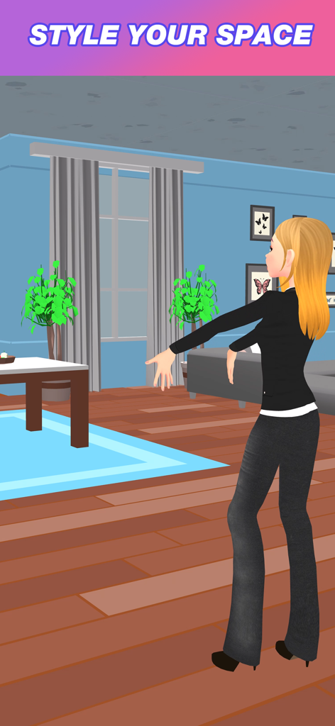 Become a Justice Queen - A female character in professional attire styling her room in the Become a Justice Queen mobile game