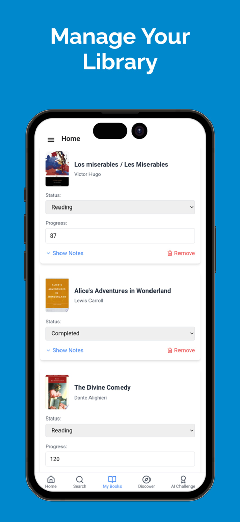 Bookshelf Book Tracker - Pantalla móvil que muestra la interfaz de gestión de biblioteca de la aplicación Bookshelf con seguimiento del progreso de lectura para varios libros