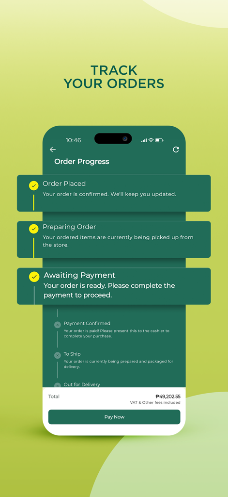 Puregold Mobile - Puregold Mobile app interface showing the order progress screen with steps from order placed to out for delivery.