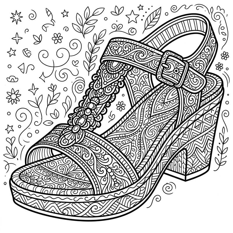 Explore your artistic side with this beautifully intricate sandal coloring page, perfect for adults seeking a mindful and creative escape. Discover peace and focus as you bring this detailed fashion illustration to life with your favorite colors.