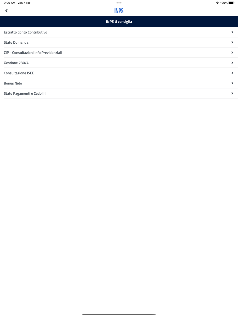 INPS mobile per Tablet - 기여금 명세서 및 납부 상태를 포함한 추천 서비스 목록을 보여주는 INPS 모바일 태블릿 앱 스크린샷.