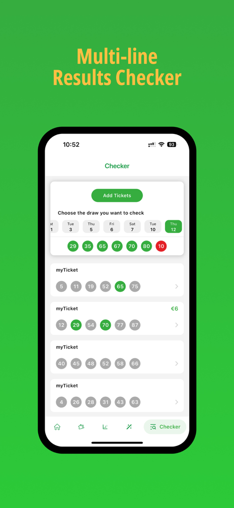 The Multi-line Results Checker screen of the SuperEnalotto Lottery app displaying ticket analysis and winning numbers on an iPhone.